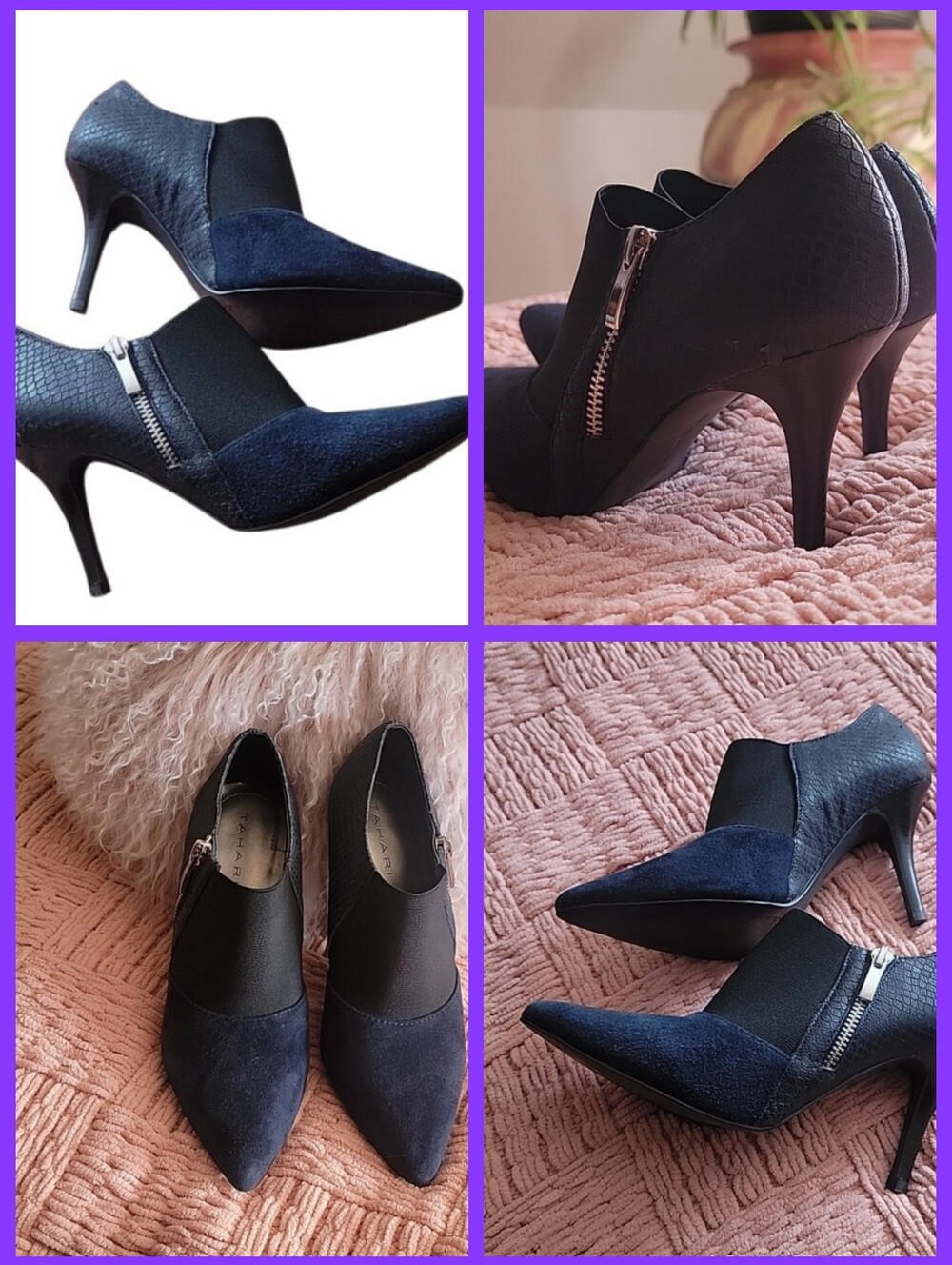 Women's Navy Pointed-ToeHigh-Heel Ankle Booties with Side Zip✨️